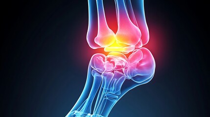 X-ray of ankle joint, pain zone highlighted with a bright yellow gradient, realistic bone outlines, glowing yellow overlay effect on pain region, soft shadow gradients for depth,