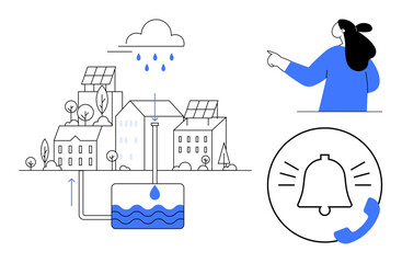 A woman in blue points toward a city with solar panels and a rainwater collection system. A phone notification icon suggests an alert system. Ideal for sustainability, urban planning, renewable
