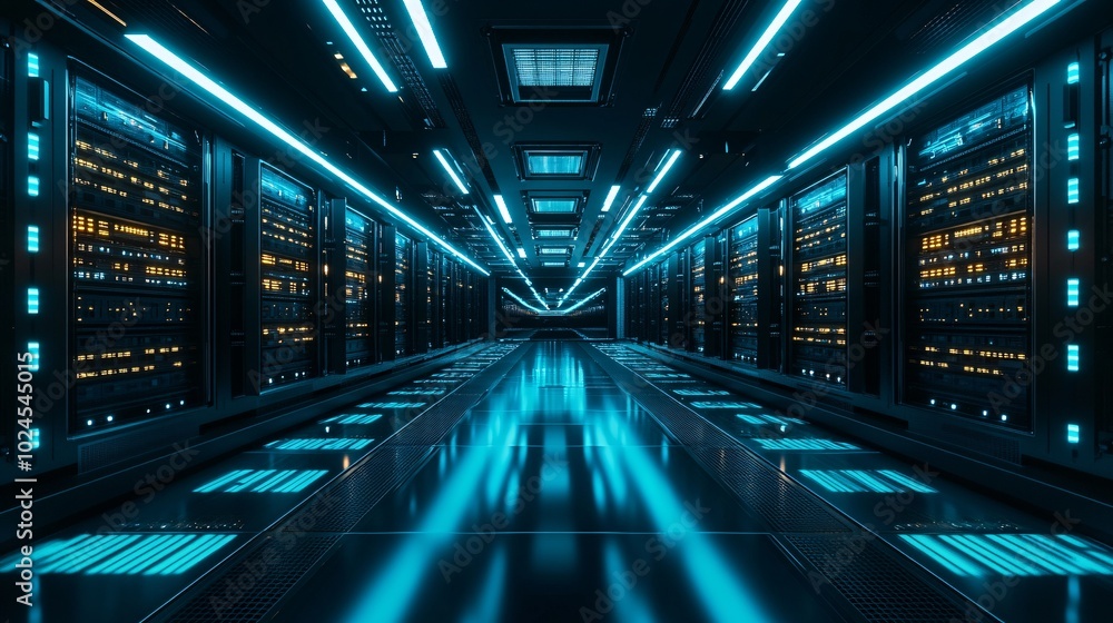 Poster futuristic data center corridor with glowing blue lights and rows of servers, showcasing advanced te