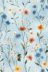 Illustration Pattern background vibrant display of various flowers on light blue background	
