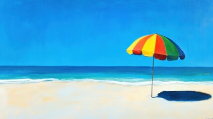 A vibrant, colorful beach umbrella standing tall on a sandy beach, set against a clear blue sky with a hint of the ocean.