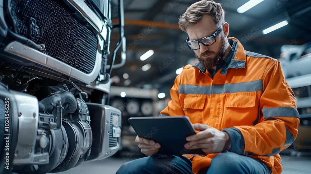 Poster mechanic utilizing tablet computer to run diagnostics on large truck s diesel engine in a garage wor