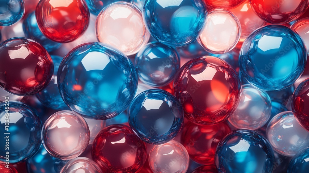 Aufkleber a vibrant collection of colorful, translucent spheres in red, white, and blue, creating a dynamic ab