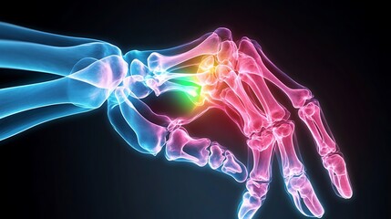 X-ray of finger joints, pain areas highlighted in bright green glow, realistic bone structure with clear contours, glowing green overlay on pain zones, dark background for contrast,