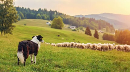 Obraz premium Collie herding sheep in a green pasture, domestic animal, traditional farm life