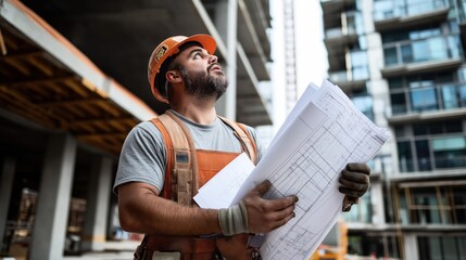 Construction worker wearing orange hard hat and vest, holding architectural plans, looking up at a building site with unfinished construction and scaffolding visible in the background.