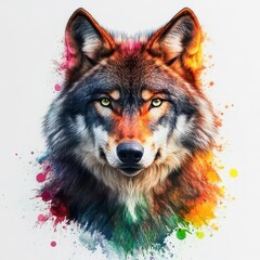 A majestic wolf with a colorful double-exposure effect, blending vibrant abstract splashes of paint into the animal s fur, symbolizing the wild spirit of nature