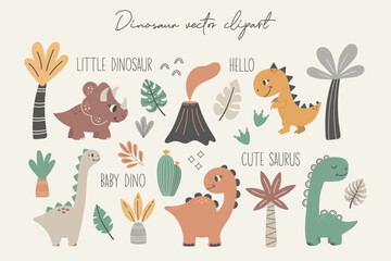 Fototapeta premium Dinosaur vector clipart. Children's collection includes cute dinosaurs, palm trees, volcano, inscriptions and various elements. Cute dino baby. Сartoon colorful illustration.