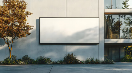 A mockup of an empty billboard on the side wall of a modern building, providing a large, blank canvas for advertising or promotional content. The clean and minimalist design of the billboard contrasts