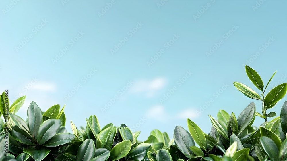 Poster expansive view of dense lush green foliage set against a clear cloudless blue sky with ample negativ