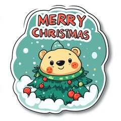 Fototapeta premium Cute bear sticker with Christmas tree decoration and snowflakes, featuring merry christmas message