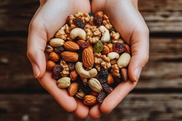 A close-up shot of hands holding a mix of walnuts, almonds, cashews, and dried fruits like