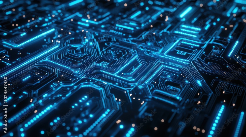 Poster a close-up view of a glowing blue circuit board with intricate paths of light. the tiny illuminated