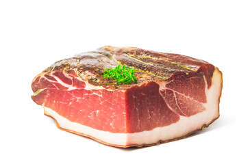 
Traditional Italian Prosciutto Crudo ham isolated on a white background. 
