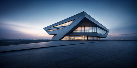 Modern building made of concrete and glass standing at dusk