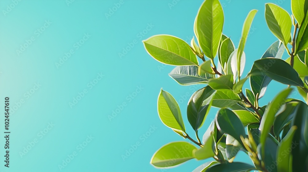 Poster vibrant green leafy branches set against bright blue sky with ample copyspace side view captures the