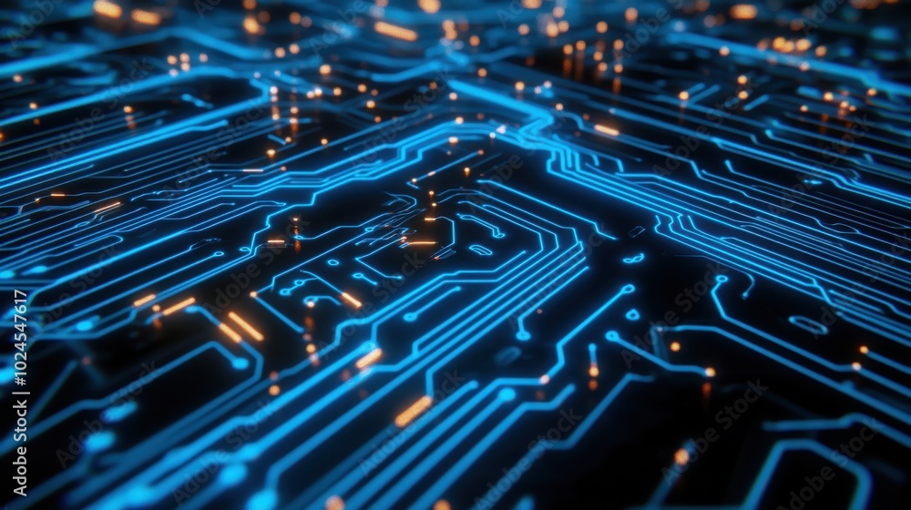 Poster a close-up view of a glowing blue circuit board with intricate paths of light. the tiny illuminated