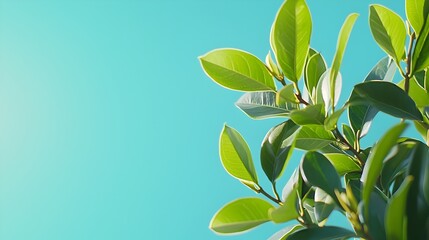 Obraz premium Vibrant Green Leafy Branches Set Against Bright Blue Sky with Ample Copyspace Side View Captures the Tranquil Essence and Freshness of Nature on a Perfect Day with an Analogous Color Scheme