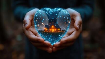 Heart-shaped glow encasing a house model in hands.