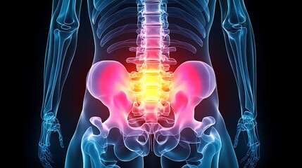 X-ray of lower back vertebrae, pain region highlighted with bold yellow gradient, detailed bone structure, clear vertebral contours and transparency, glowing yellow overlay effect on pain area,