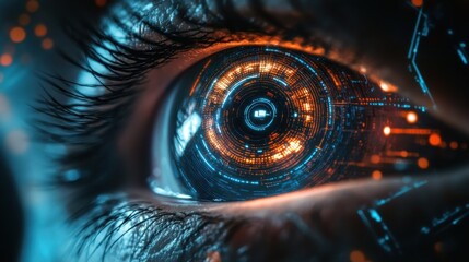 A close-up view of a human eye integrated with digital elements. The eye is surrounded