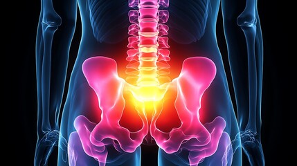 X-ray of lower back vertebrae, pain region highlighted with bold yellow gradient, detailed bone structure, clear vertebral contours and transparency, glowing yellow overlay effect on pain area,