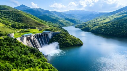 Aerial view showcasing a hydroelectric power plant surrounded by untouched natural landscape highlighting the production of clean renewable energy in an environmentally conscious manner