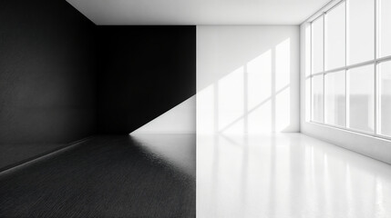 Obraz premium Sunlight illuminating a white wall in a half black half white empty room