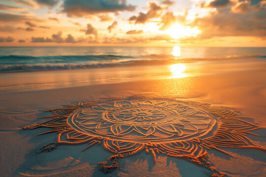 mandala on the beach made of sand at sunset, flowery shape, ocean waves background, mindful pattern, photorealistic