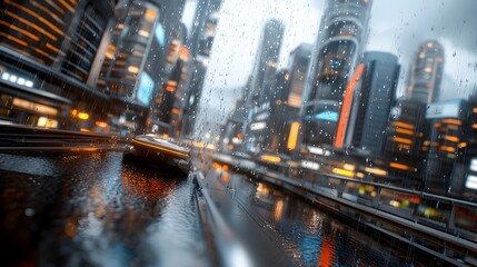 Naklejka premium A futuristic city that is entirely powered by renewable hydro energy featuring water channels and canals flowing through a modern