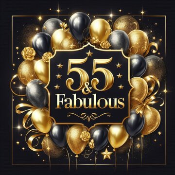 Golden and black balloons celebrating a fabulous 55th birthday.