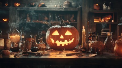 Fototapeta premium Jack-o'-lantern on a cluttered table in old workshop.