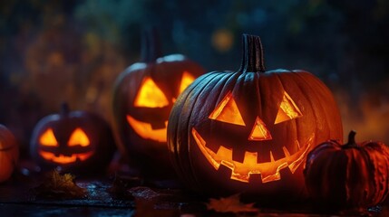 Group of jack-o'-lanterns with creepy glowing faces