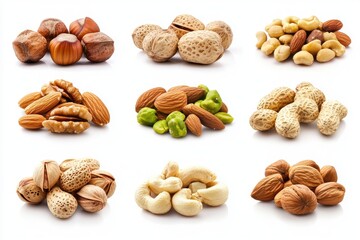 Obraz premium A collection of different types of nuts, including hazelnuts, almonds, cashews, walnuts, pistachios