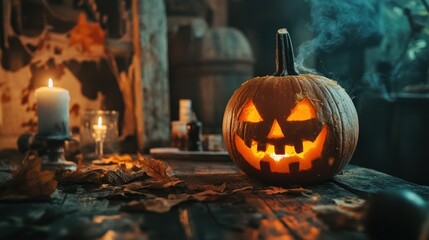 Obraz premium Single jack-o'-lantern glowing warmly on rustic table