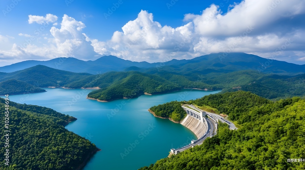 Poster high tech dam in harmony with the environment generating renewable electricity with minimal impact s