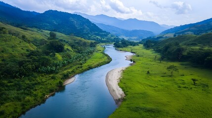 Obraz premium Network of small scale hydroelectric generators along a river providing renewable energy and clean electricity to off grid rural areas and communities