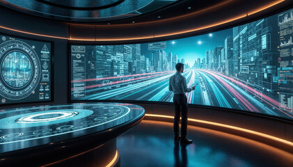 Businessman analyzing smart city data on big digital screen in control center