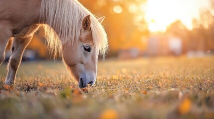 Miniature horse grazing in a backyard, domestic animal, unique pet lifestyle