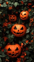 Four carved pumpkins in lush autumn foliage