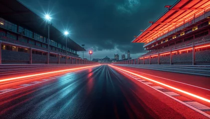  Empty racing track at night showing speeding lights with dramatic sky © jamesteohart