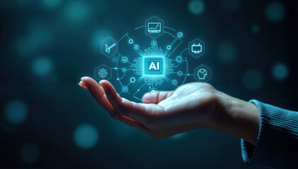 Businesswoman holding chip icon of artificial intelligence system