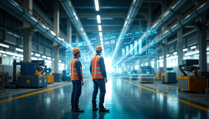 Obraz premium Engineers using transparent digital tablet monitoring production process in factory
