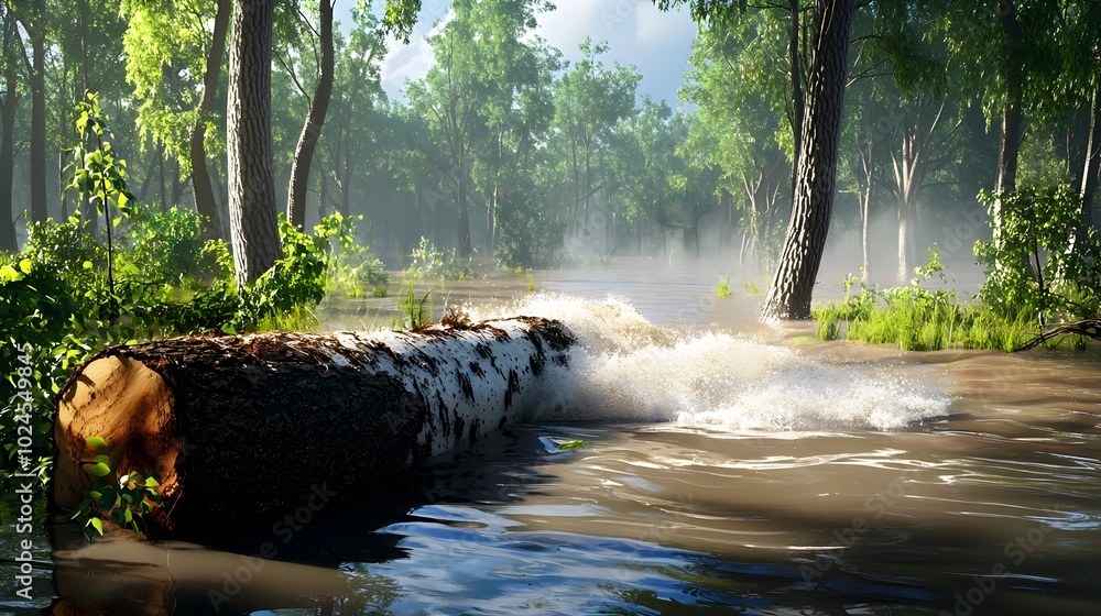 Poster raging floodwaters sweeping through a forest uprooting trees and carving new paths through the lush 