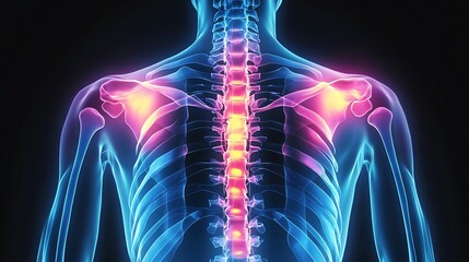X-ray of shoulder blades, pain area highlighted with vivid blue glow, realistic bone structure, clear shoulder blade contours and transparency, glowing blue overlay effect on pain region,