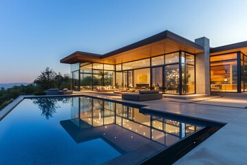 Obraz premium Modern Villa Exterior with Infinity Pool at Dusk