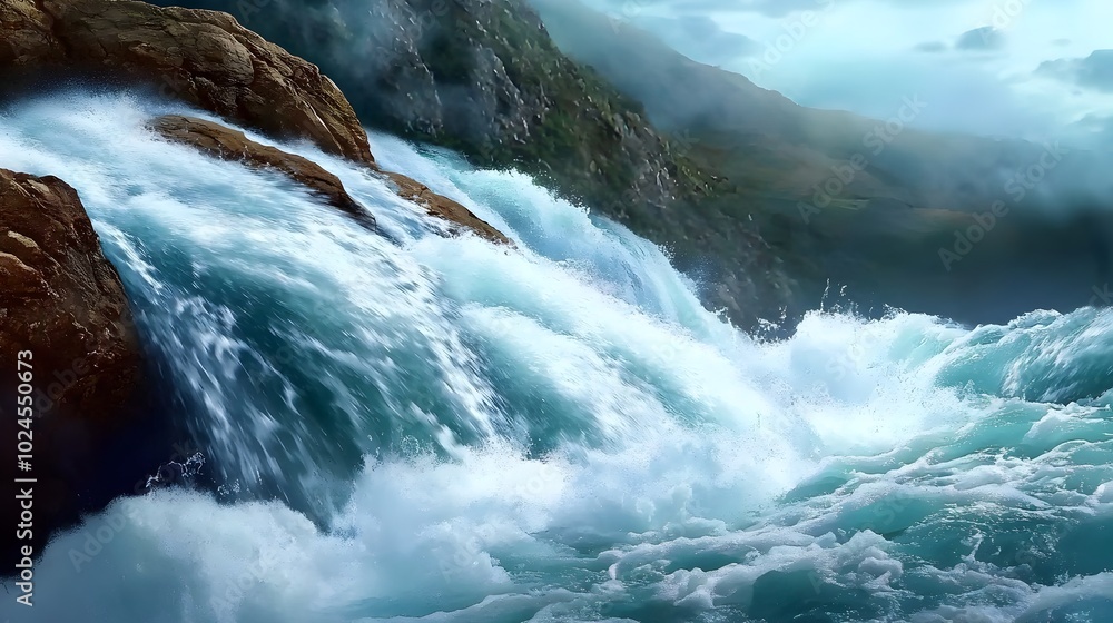 Poster powerful mountain stream transformed into a destructive force by heavy rainwater flow rushing down t