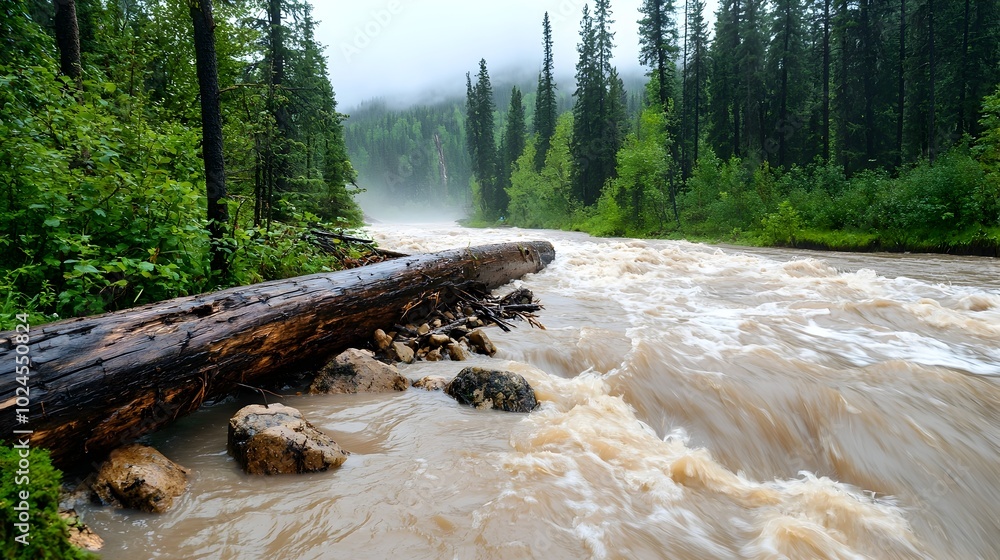 Poster dramatic image of a fast moving flood rushing through a rugged canyon with trees and rocks being swe