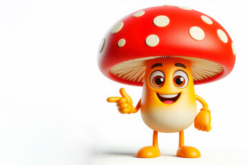 An anthropomorphic mushroom with a red cap points with his finger. Space for text.
