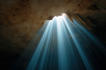 A dramatic sunbeam pierces through the cave roof, illuminating the dark interior with intense light rays, contrasting the mysterious shadows of the underground realm in a cenote in Mexico